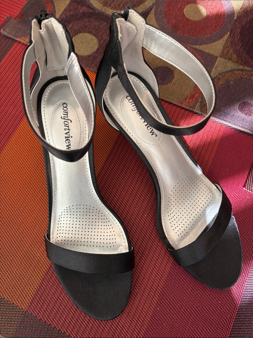 9 Comfort view Black Satin Open-Toe Ankle-Strap Heels